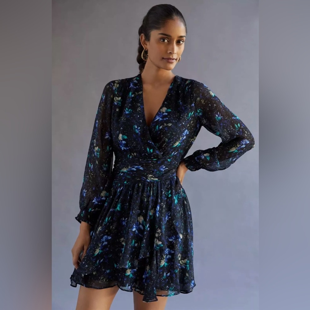 Anthropologie Ruched and Ruffled Floral Blue Dress